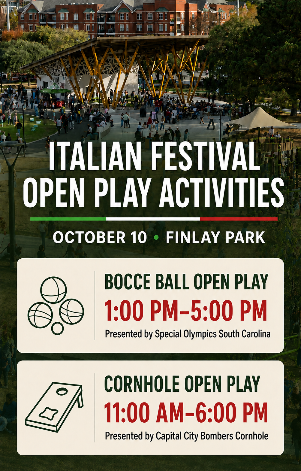 Italian Festival open play activities including bocce ball and cornhole