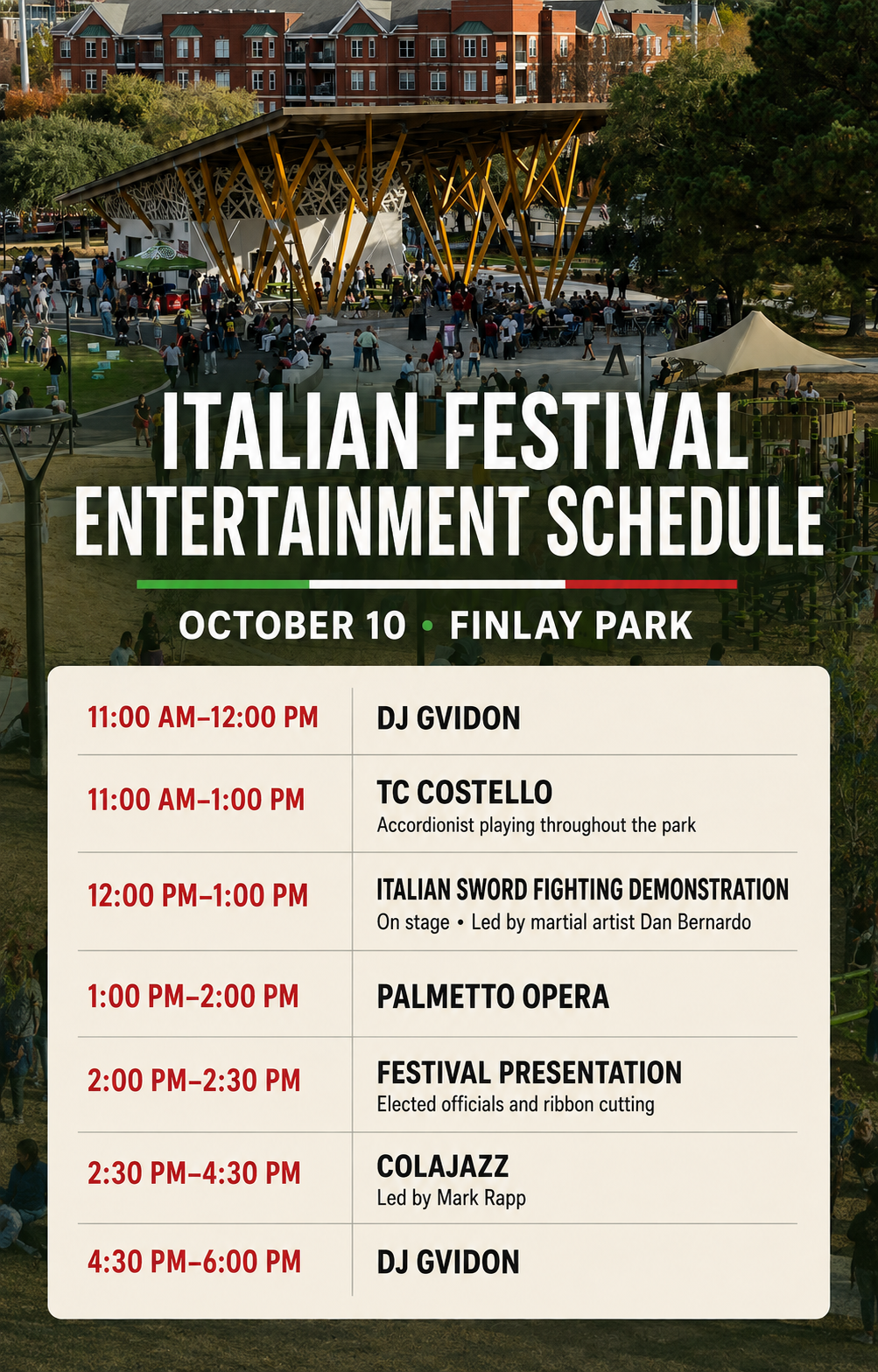 Italian Festival entertainment schedule for October 10 at Finlay Park